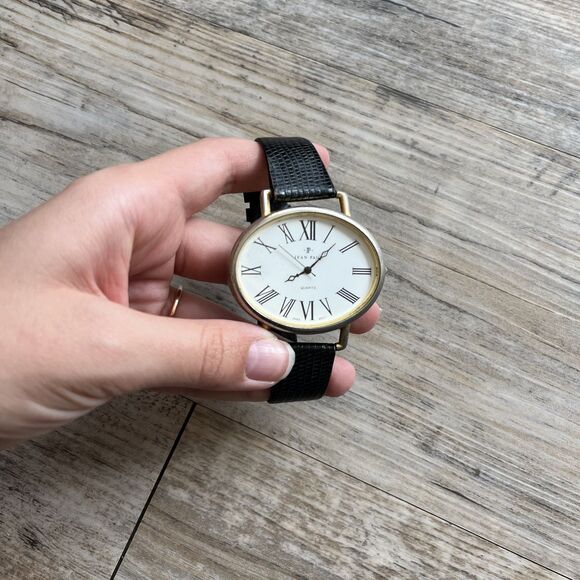 Jean Paul Vintage Wrist Watch Large Oval Black Gold Antique White Face Fancy - Picture 1 of 12
